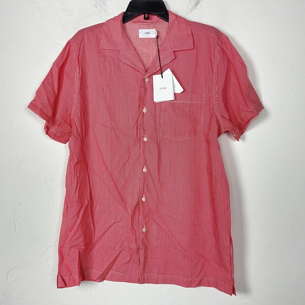 Onia Shirt Button Down Vertical Stripe Vacation Top‎ Tee Coral Red